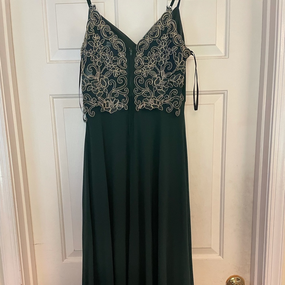 Long Dark Green Gown with Gold Detailing on back